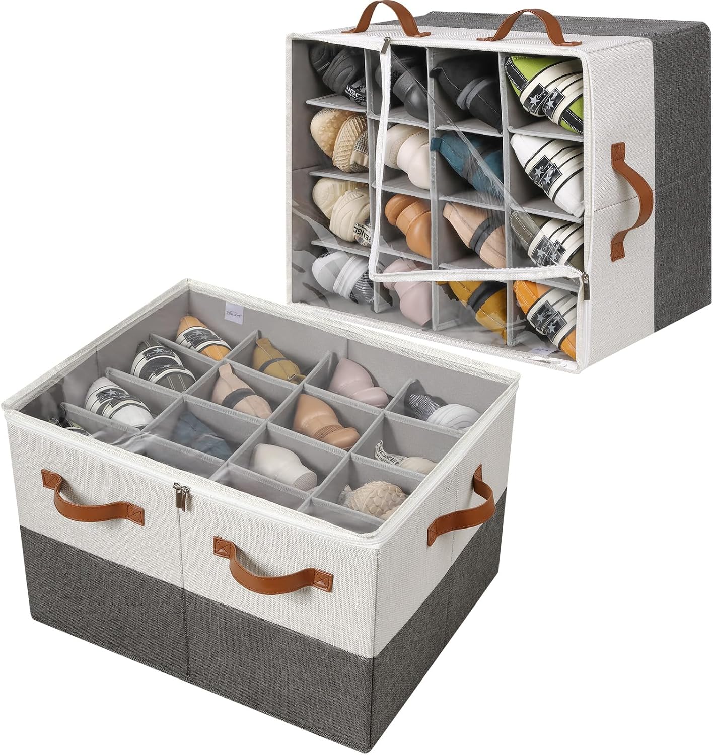 Shoe Organizer for Closet 2 Pack, Foldable Shoe Box with Adjustable Divider and Clear Cover, Space Saving Shoe Storage Organizer Cabinet with Reinforced Handles, Fits 40 Pair, Beige, TP11Y