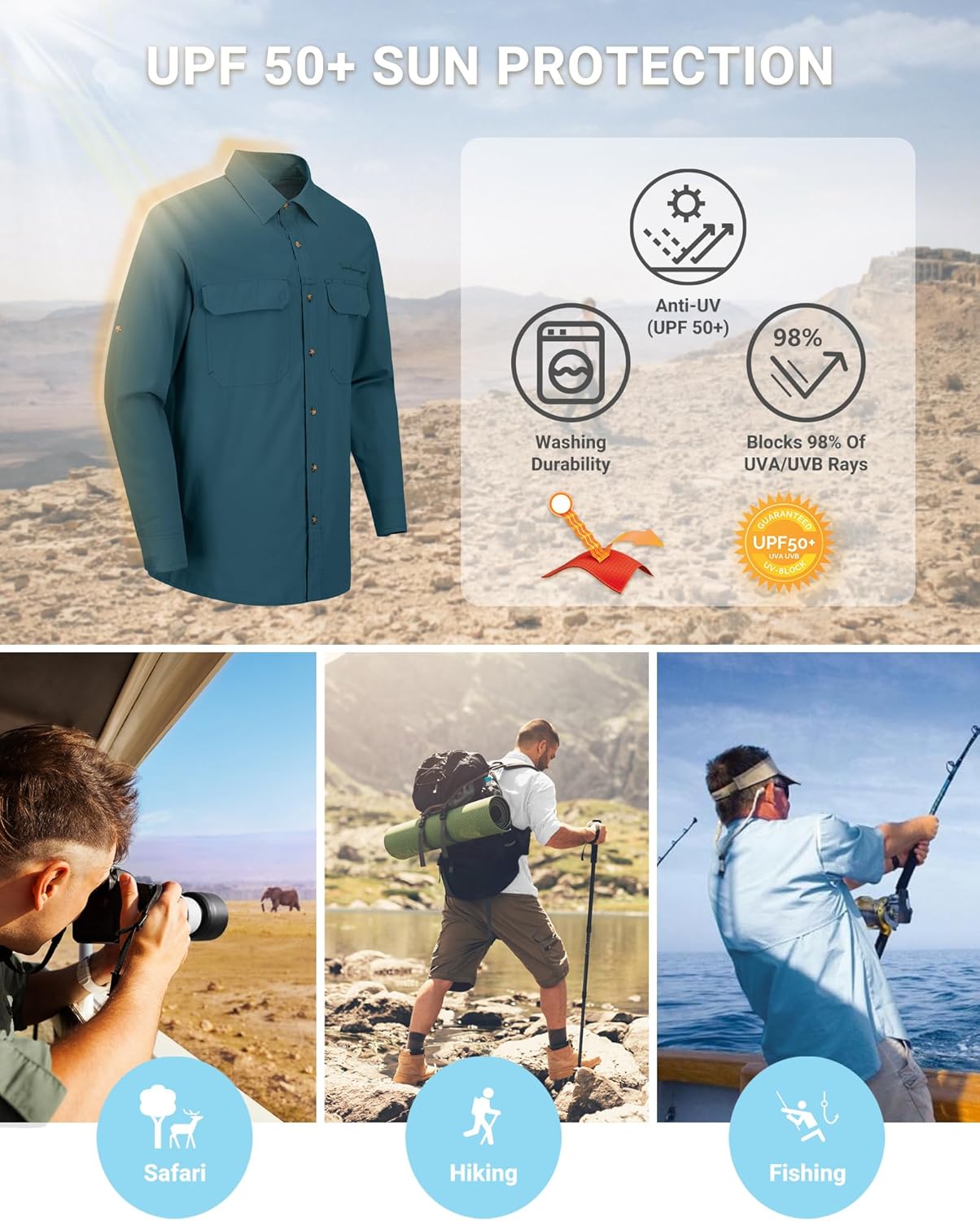 Outdoor Ventures Men's UPF 50+ UV Sun Protection Shirt, Long Sleeve Hiking Fishing Shirt Cooling Quick Dry for Safari Travel - Image 5