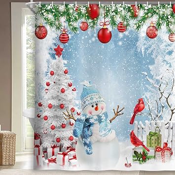 Boziqr Christmas Shower Curtain, Cute Snowman Xmas Tree Shower Curtains Set, Winter Snowflakes Bathroom Accessories Decor Durable Polyester Fabric 70 x 70 Inches, Blue Red