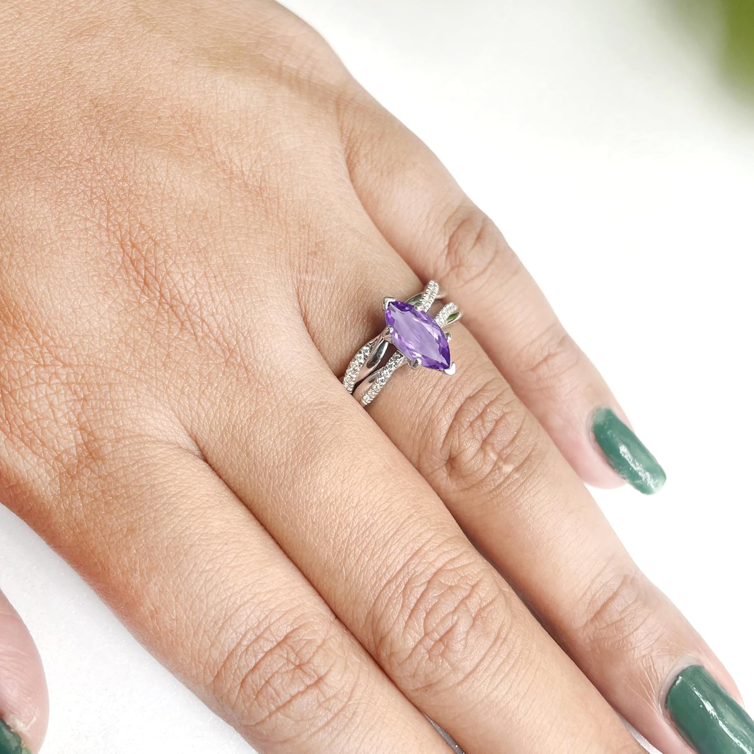 1.00 Carat Marquise Cut Amethyst & Diamond Twisted Solitaire With Accent Engagement Ring For Women, 14K Gold Plated 925 Silver February Birthstone Amethyst Swirl Bypass Bridal Side Stone Ring