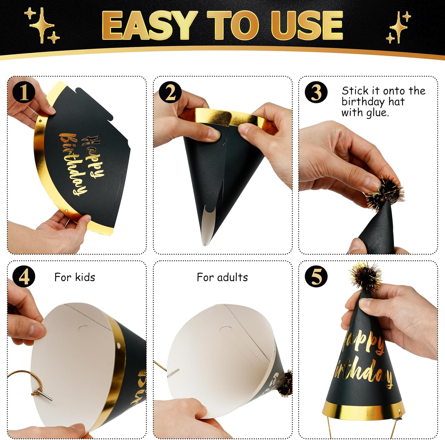 30 Pcs Gold Birthday Party Hat Decoration Set – Gold Cone Hats Includes 8 Paper Party Hats and 22 Metallic Noise Makers for Adult Celebrations - Image 5