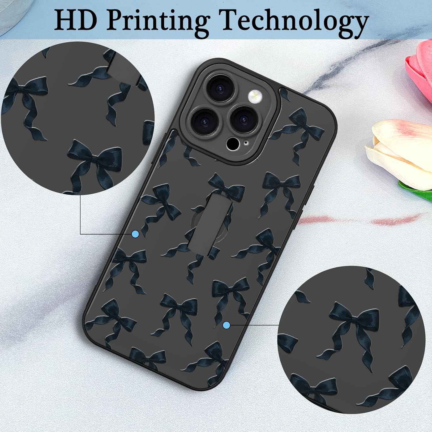 Fiyart Designed for iPhone 14 Pro Max Case with Strap Kickstand Cute Bowknot for Women Girls Slim Fit Ribbon Bows Pattern Wrist Band Cover Durable TPU Hard PC Back 6.7“- Black