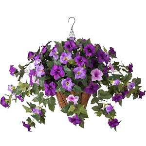 Artificial Petunia Flowers with Hanging Basket for Outdoors 3 Pcs Fake Hanging Flowers UV Resistant Faux Silk Plants