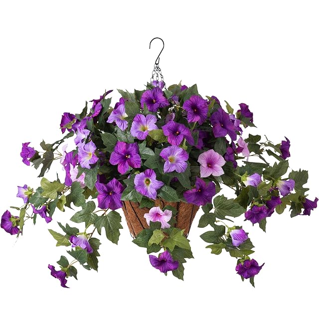 Artificial Petunia Flowers with Hanging Basket for Outdoors 3 Pcs Fake Hanging Flowers UV Resistant Faux Silk Plants