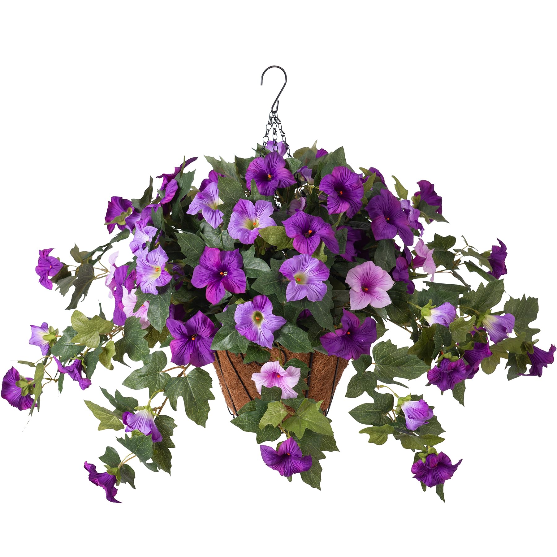 Artificial Petunia Flowers with Hanging Basket for Outdoors 3 Pcs Fake Hanging Flowers UV Resistant Faux Silk Plants