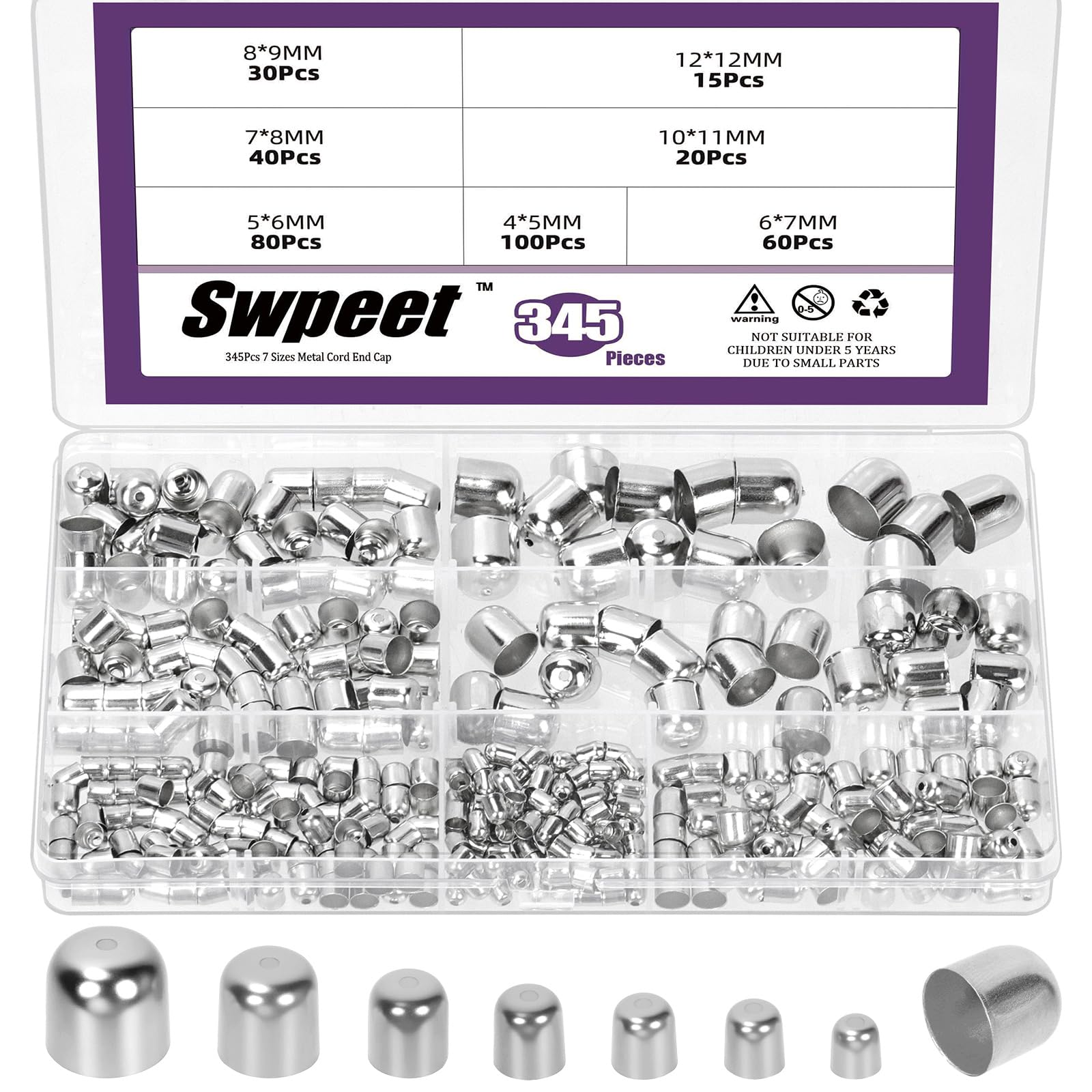 Swpeet 345Pcs 7 Sizes 4/5/6/7/8/10/12 mm White K Metal Cord End Cap Assortment Kit, Leather Ends Caps, Column End Cap Terminators, Leather Cords Ends Bead Cap for DIY Bracelet Jewelry Making