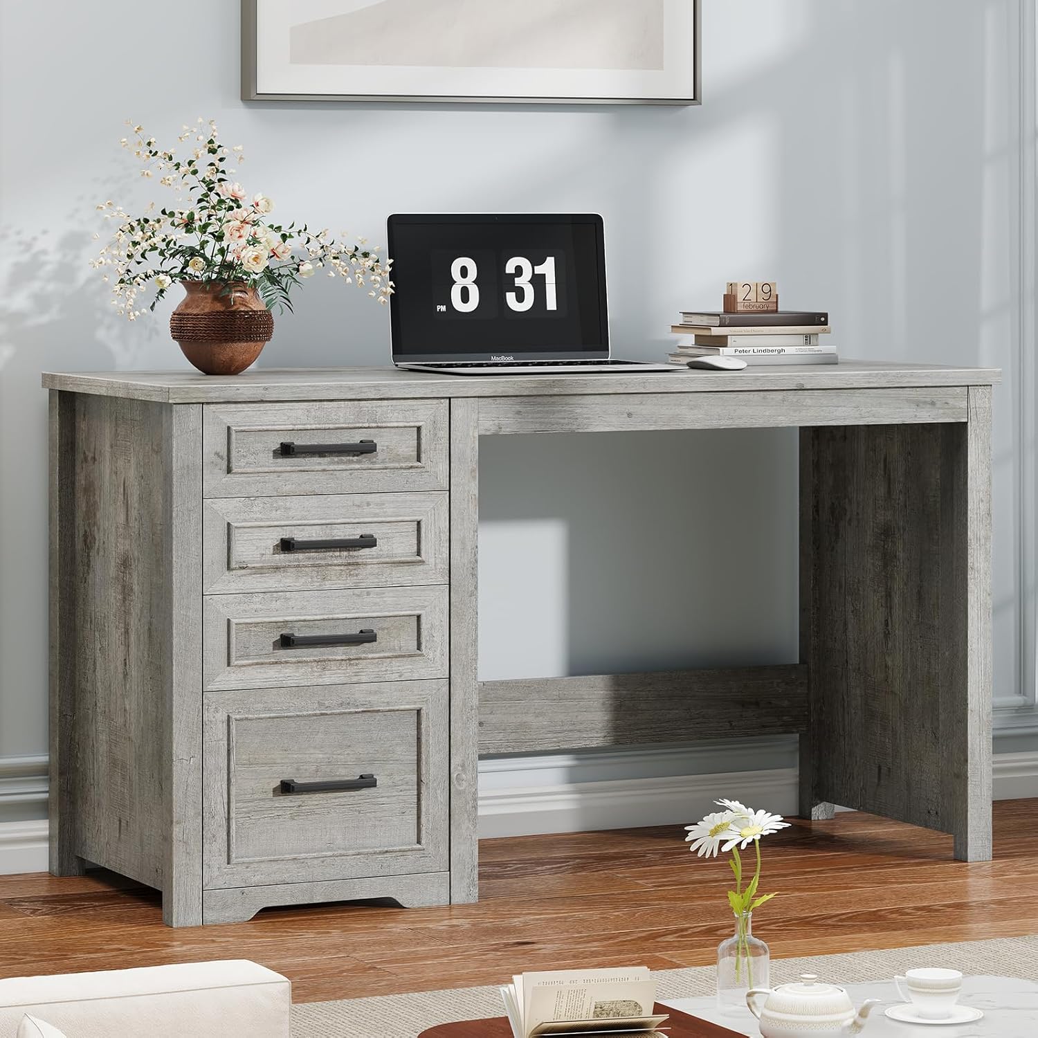 Vabches Farmhouse 49” Executive Desk with File Drawer, 4 Drawers Reversible Computer Desk with Storage, Rustic Home Writing Workstation for Home Office.Grey