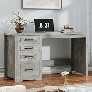 Vabches Farmhouse 49” Executive Desk with File Drawer, 4 Drawers Reversible Computer Desk with Storage, Rustic Home Writing Workstation for Home Office.Grey