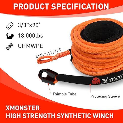 Miniatura 2 de HMPE - Cuerda de cabrestante sintética de 38 pulgadas x 90 pies todoterreno para UTVATV con funda protectora negra, 18,000 libras, naranja