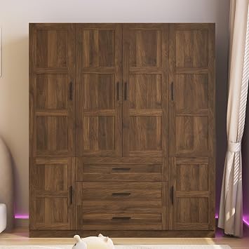 6 Doors Armoire Wardrobe Closet with 3 Big Drawers, 70.8" H Wooden Bedroom Armoires with Shelves and Hanging Rods, Freestanding Clothes Closet Wardrobe Cabinet for Bedroom, Guest Room, Brown