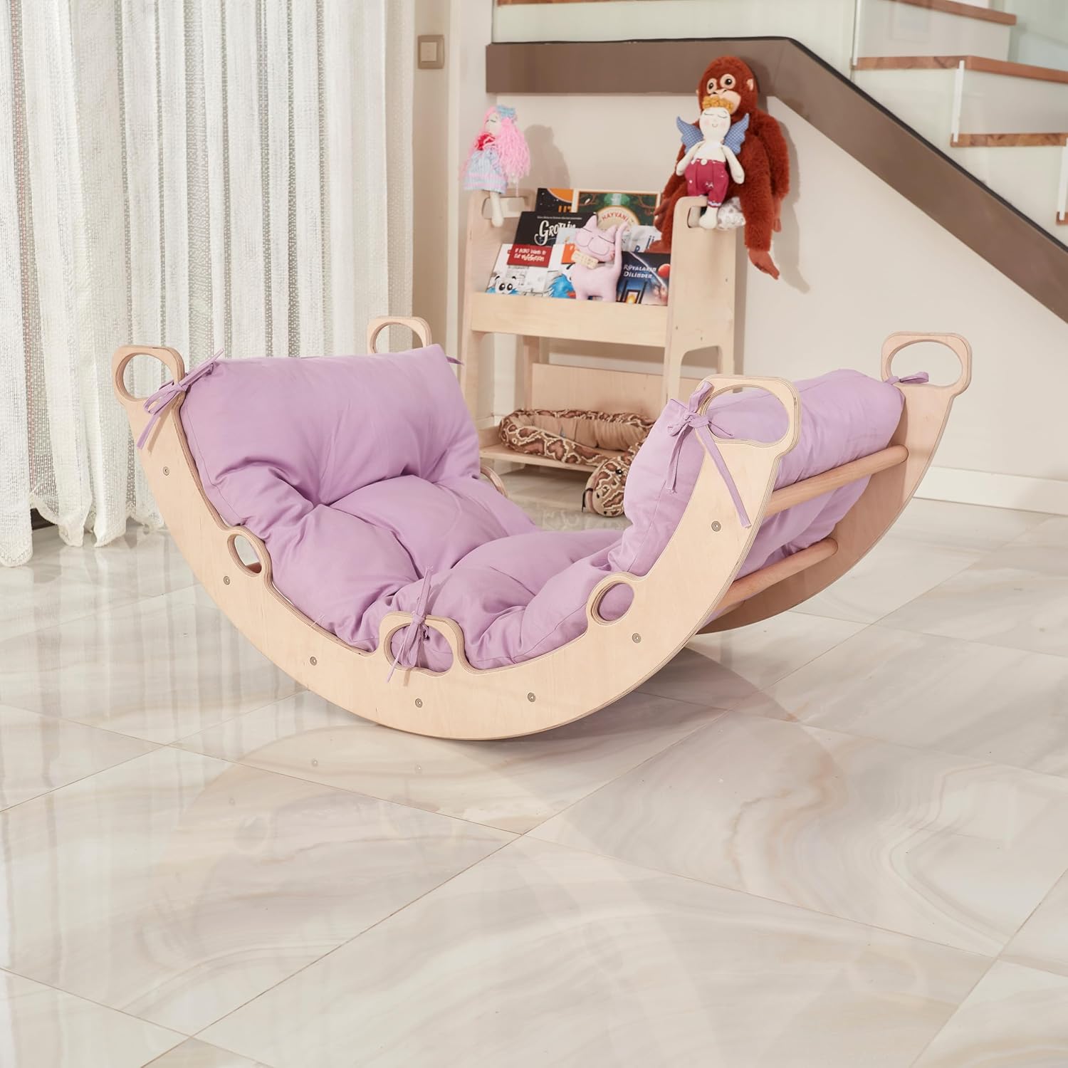 Climbing Arch with Lilac Color Pillow | Montessori Climbing Arch with Pillow – Wooden Indoor Rocker Arch for Toddlers | Gross Motor Skills & Sensory Play for Kids 1-10 Birthday Gift (Lilac)