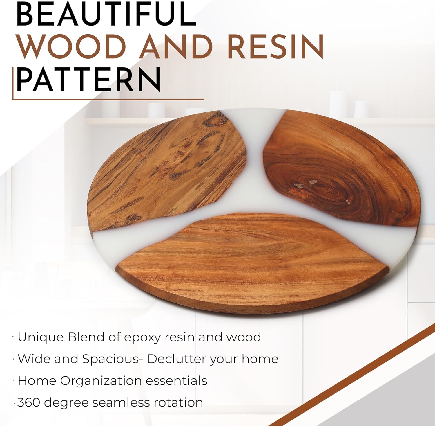 17.5" Epoxy and Acacia Wood Lazy Susan Turntable | Organizer for Kitchen countertop, Dining Table, Skincare or Bath Products | New Apartment/Kitchen Essentials | White