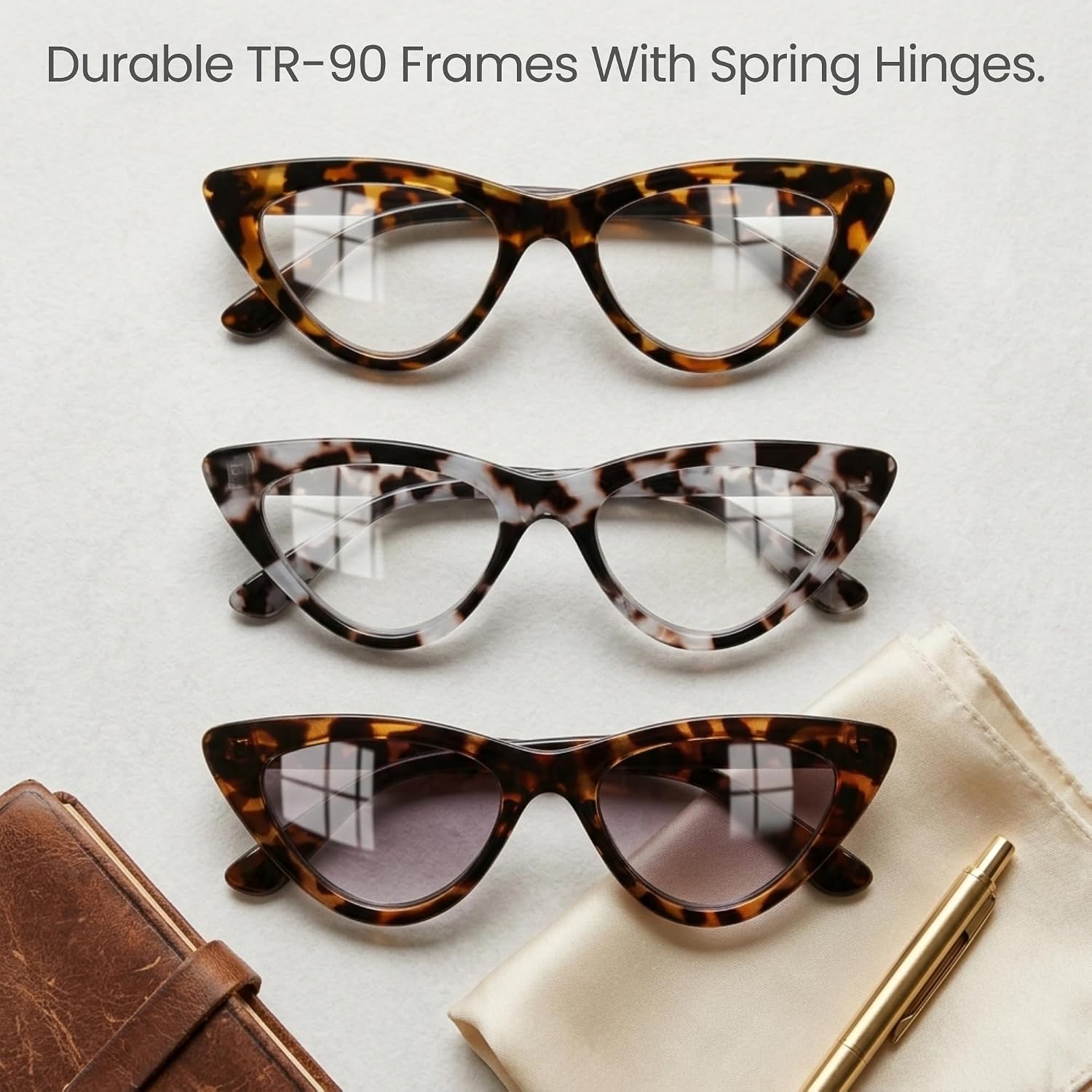 2SeeLife 3-Pack Premium Cat Eye TR-90 Reading Glasses for Women – Narrow–Medium Fit, Sturdy Frame, Spring Hinges, Stylish Readers, Brown Tortoise, Clear Tortoise, Sun Readers - Brown Tortoise, +3.00