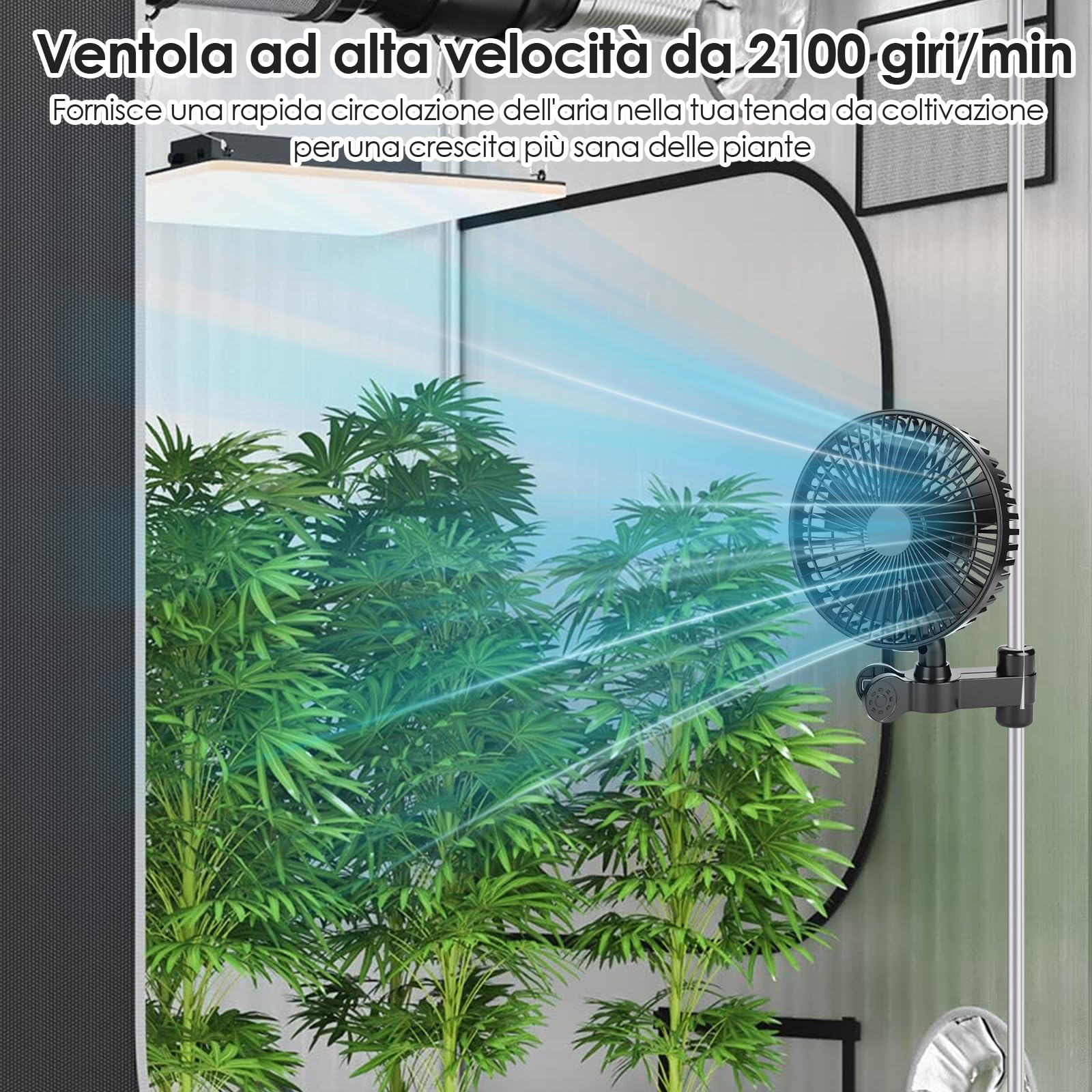 Grow Ventilatore con Clip, 4 Livelli di Velocità, Classe di Protezione IP-44, Motore EC, Ventilatore Oscillante a Morsetto per Growbox/Tenda, Potenza 10W