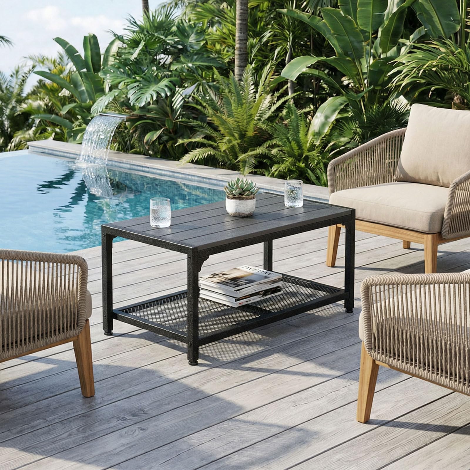 Table basse d'extérieur avec rangement double couche, rectangulaire résistante aux intempéries, cadre en métal robuste, gris