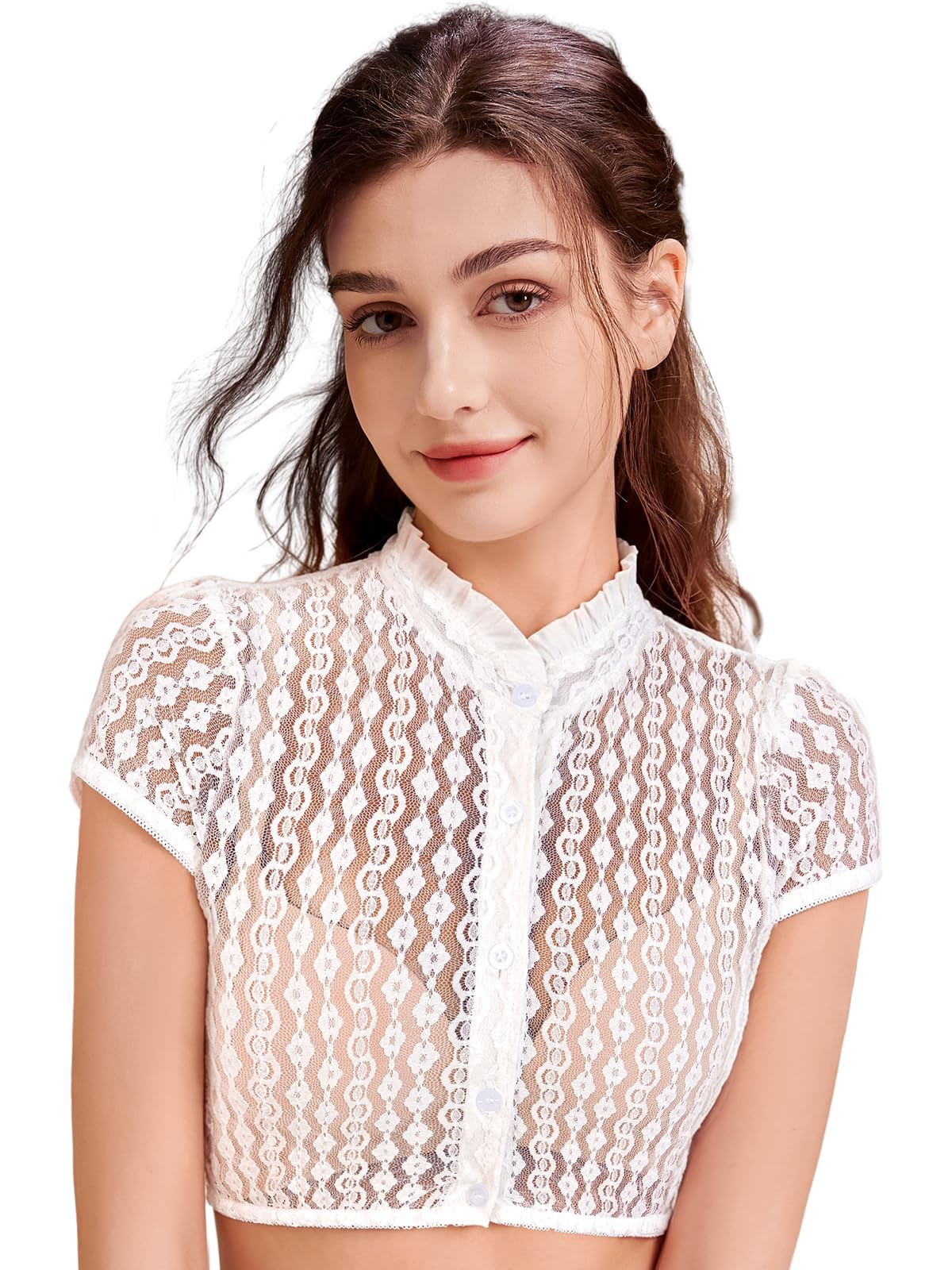 Dirndl bluse Damen mit Spitze Dirndlbluse Weiß Stehkragen Trachtenbluse | Trachtenblusen knöpfen Kurzarm Elastizität Oktoberfest,Bayrische Tracht,Outdoor Events,Weddings,Carnival,Traditional Events
