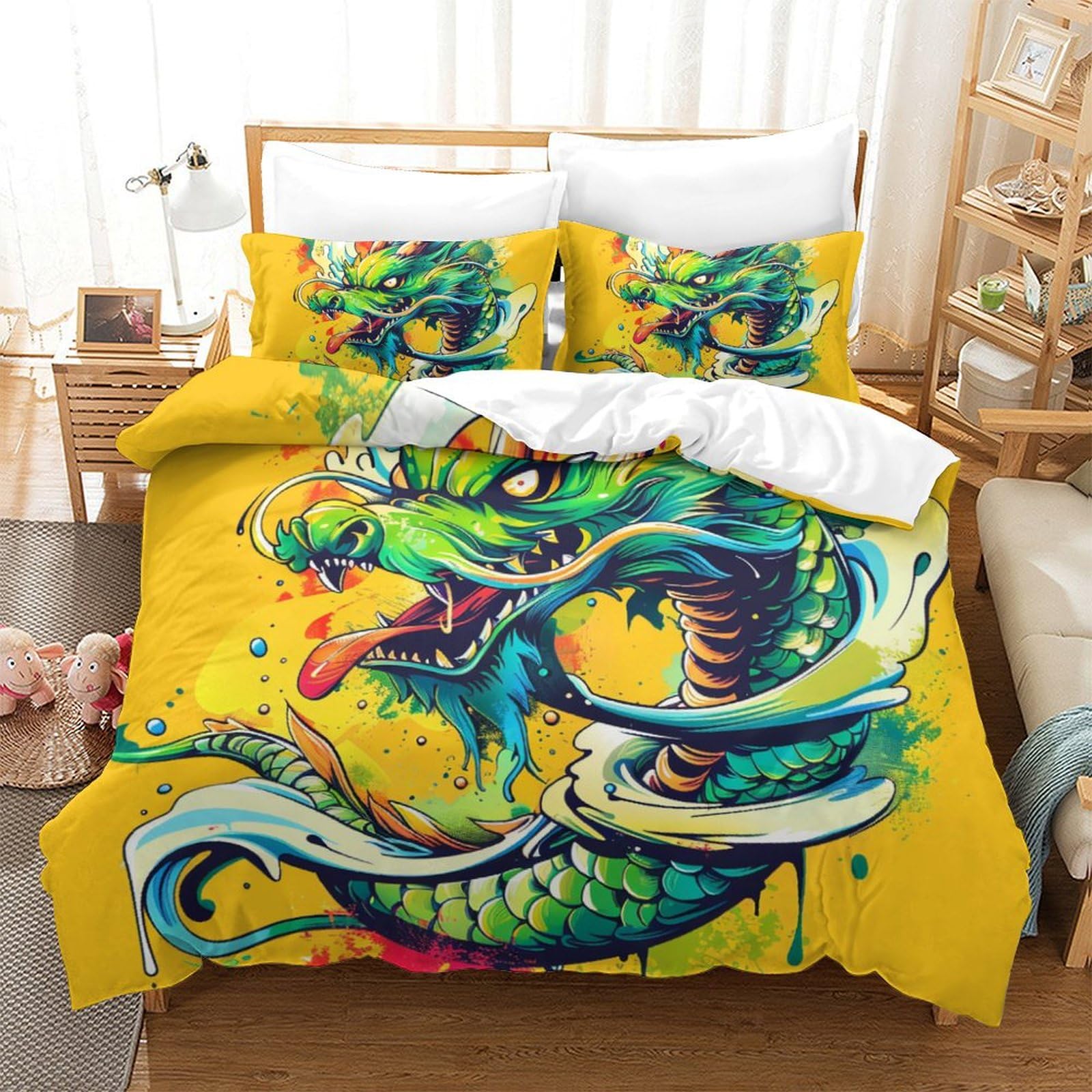 Housse de couette dragon 3D zippée pour changer facilement un lit super king size