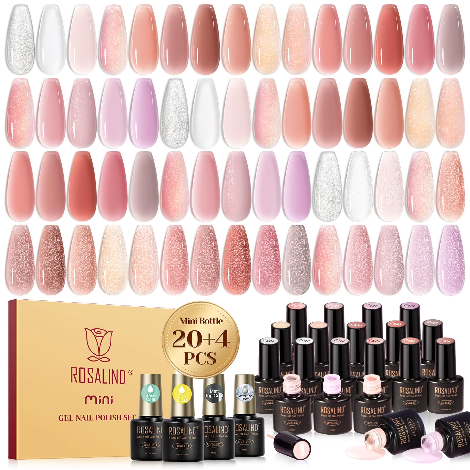 ROSALIND 24pcs Jelly Gel Polish Set with Gel Base and Matte Glossy Glitter Top Coat, 20 Colors Neutral Jelly Pink nude Sheer White Color Soak Off UV Gel Set Salon DIY