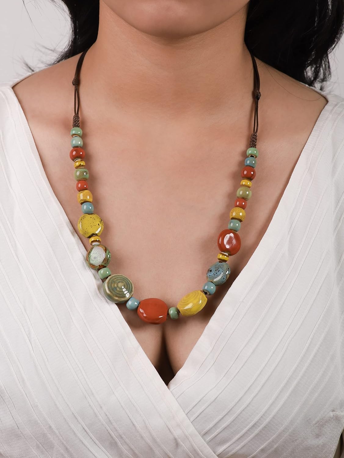 MINACHI Boho Hippie Round Ceramic Beads Strand Necklace, Vintage Bohemian Summer Beach Jewelry Gift for Women - Image 6