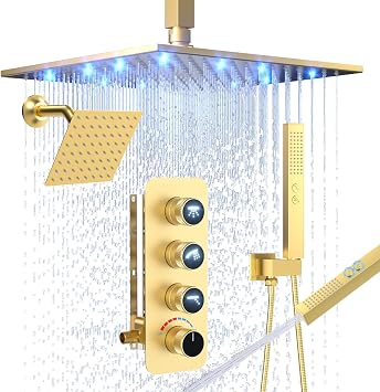 Enga Shower Faucets Set, 12 Inch LED & 6 Inch Shower Head, Glowing Icon Diverter Valve, 2-in-1 handheld Sprayer, Simultaneous Use, Brushed Gold