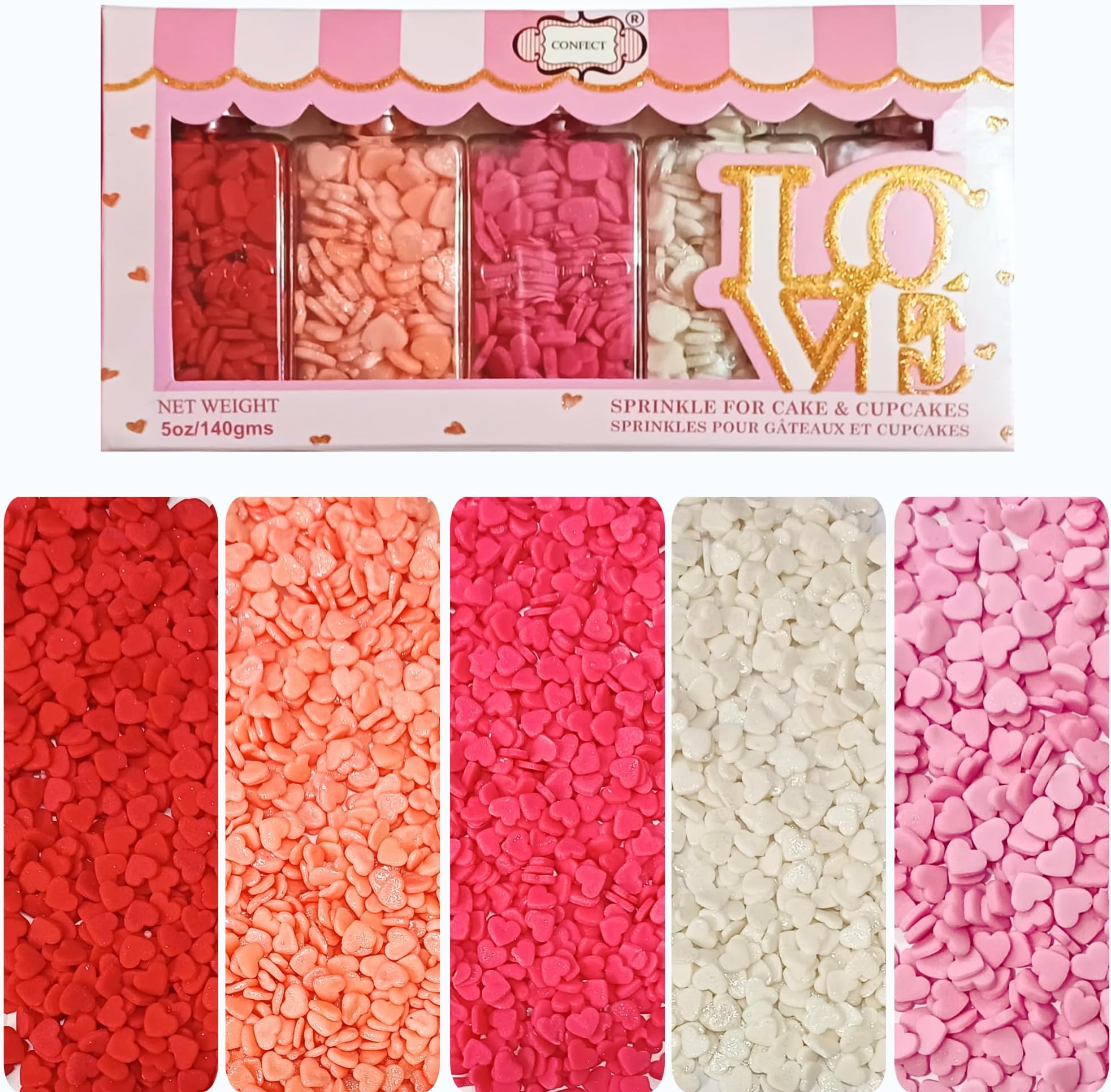 Confect Valentine Heart Sprinkles โ Red, White & Pink Edible Sprinkle Mix | Pack of 5 for Cake, Cupcake, Cookie & Dessert Decorating | Celebration & Baking Sprinkles | Vegan, Gluten-Free โ 5 Oz