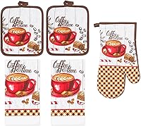 Vista 9 de Juego de ropa de cocina de 5 piezas, 2 toallas de algodón, 2 agarraderas, 1 guante de horno con lazo para colgar, material 100% algodón en la parte