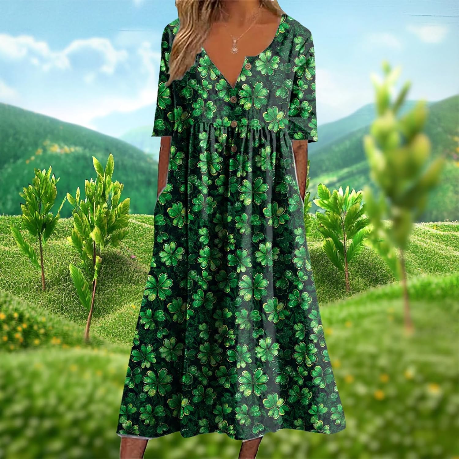 St Patricks Day Dresses for Women Shamrock Print Short Sleeve Half Button High Waist Casual 2025 Fashion Dresses - Image 2