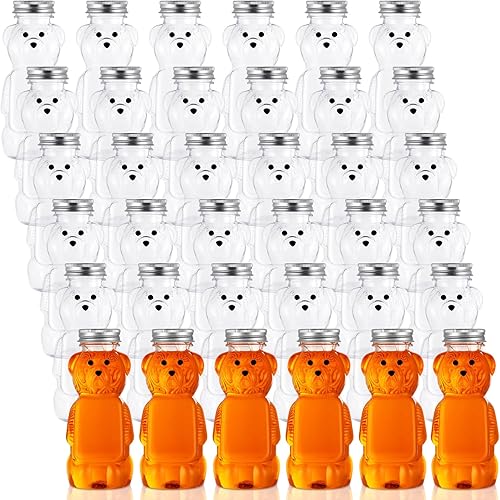 Mifoci 36 botellas de plástico de 8 onzas con forma de oso de miel, recipiente de miel transparente con tapa superior de rosca, botella de miel,