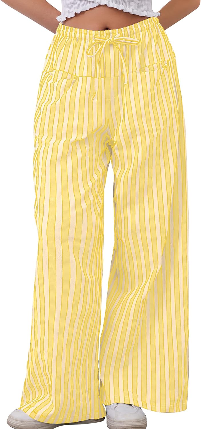 Ziesexy 2026 Summer Striped Pants Women Loose Wide Leg Drawstring Pants Lightweight Low Rise Lounge Trousers with Pockets