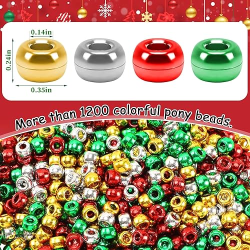 Miniatura 2 de UPINS Cuentas metálicas de poni de Navidad, 1200 cuentas de plástico para manualidades, color rojo, verde, plateado, dorado, plata, para hacer
