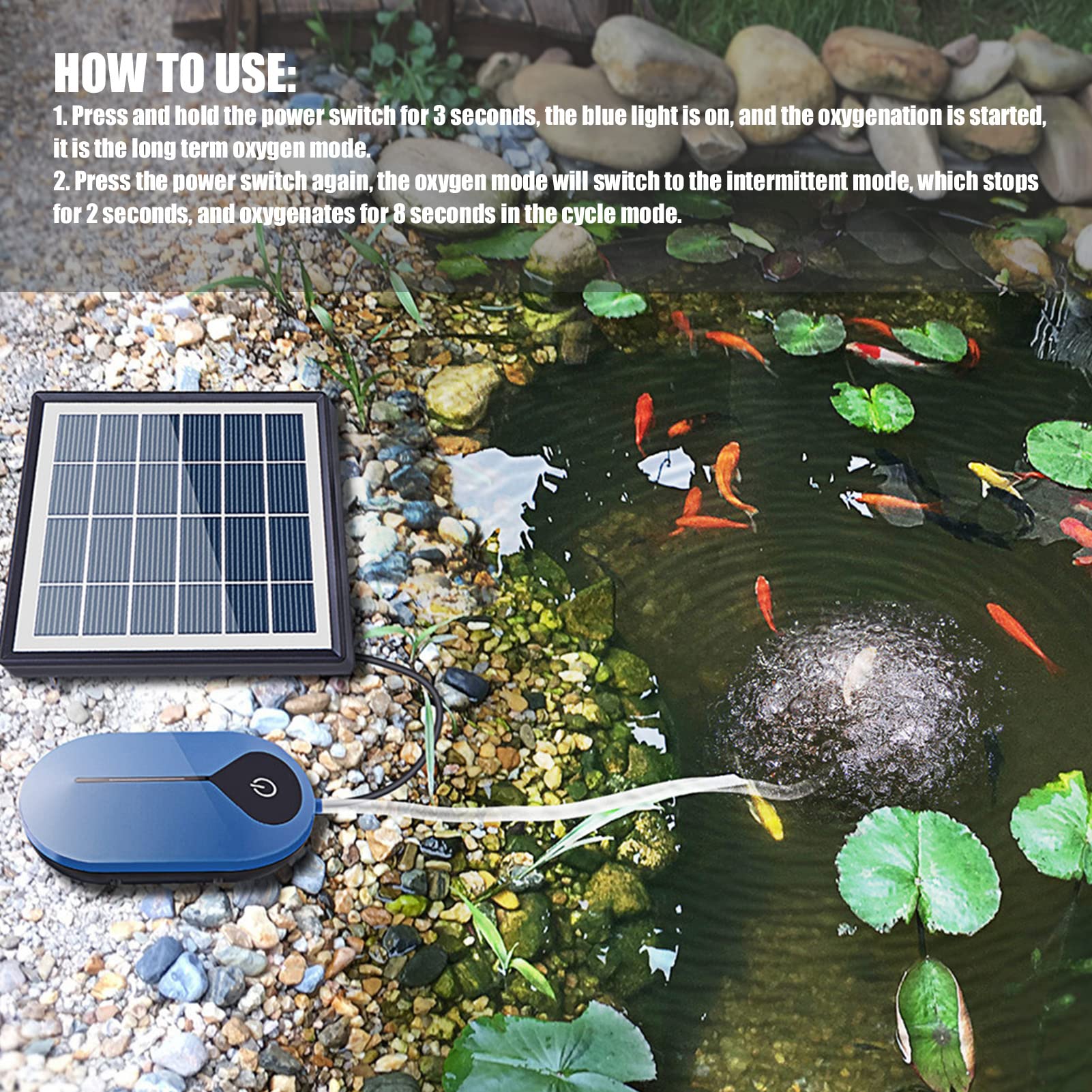 Yosoo Health Gear Bomba de Oxígeno Bomba de Aire Solar de Oxígeno para Acuario 6V 1.5W con Batería de Litio 3 Modos Bajo Ruido Gran Volumen de Aire para Pecera Acuario Corte de Energía Pesca