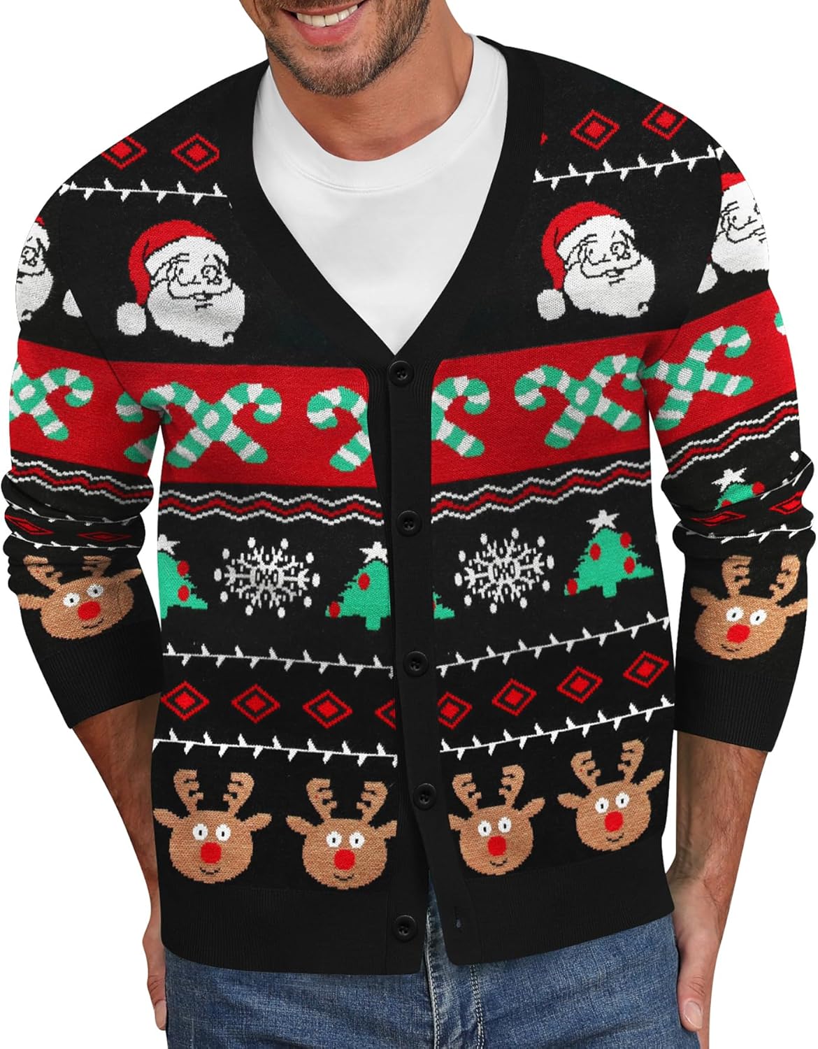 NITAGUT Mens Christmas Ugly Cardigan Sweater Reindeer Snowflake Xmas Sweater Casual Long Sleeve Knitwear