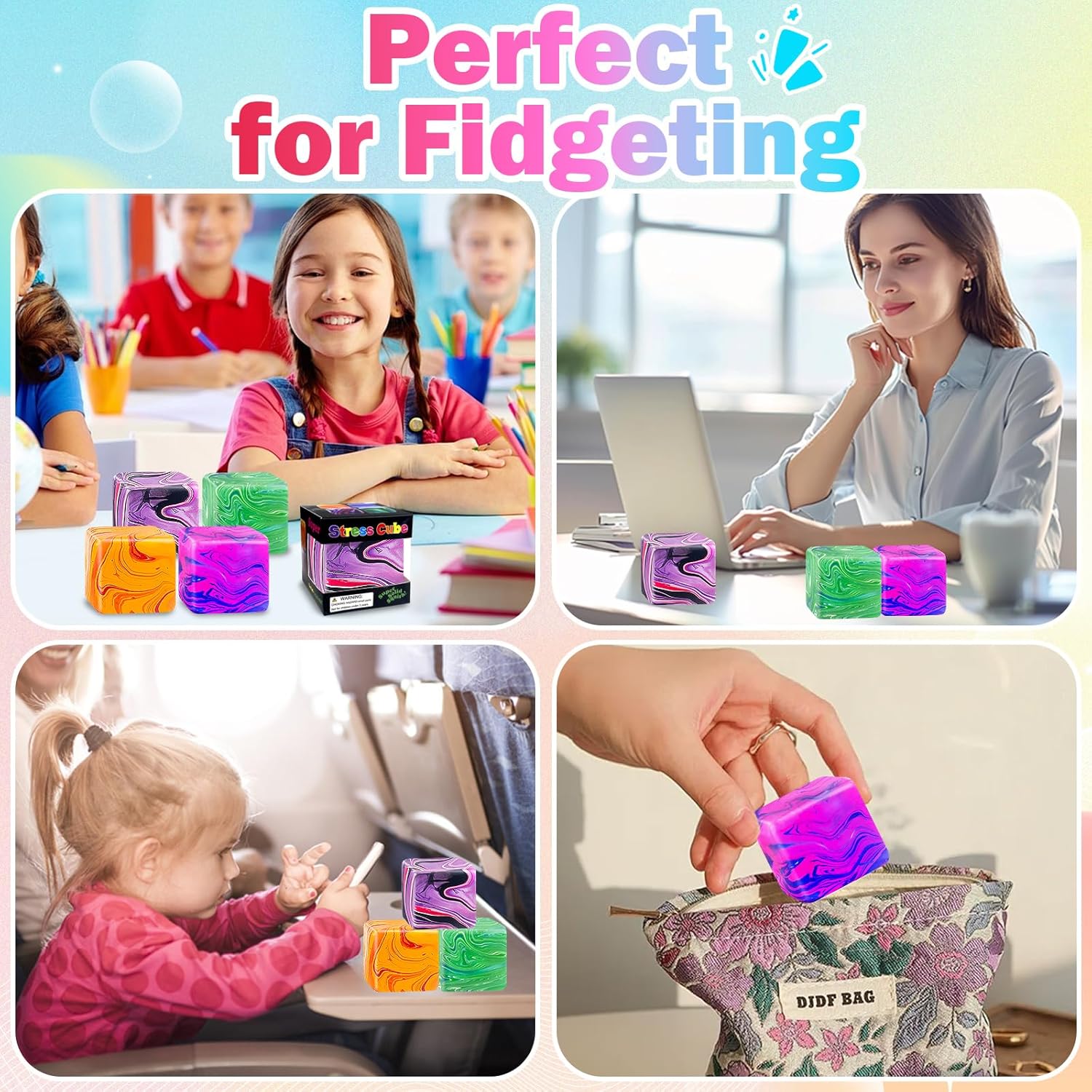 4 Pcs Color Texture Fidget Cube Squishy Toys , Squeeze Stress Balls for Kids, Adults ,Squishies Anxiety Relief Maltose Ball, Ice Squishys Sugar Sensory Toy for ADHD , Novel Design Fidgets Cubes