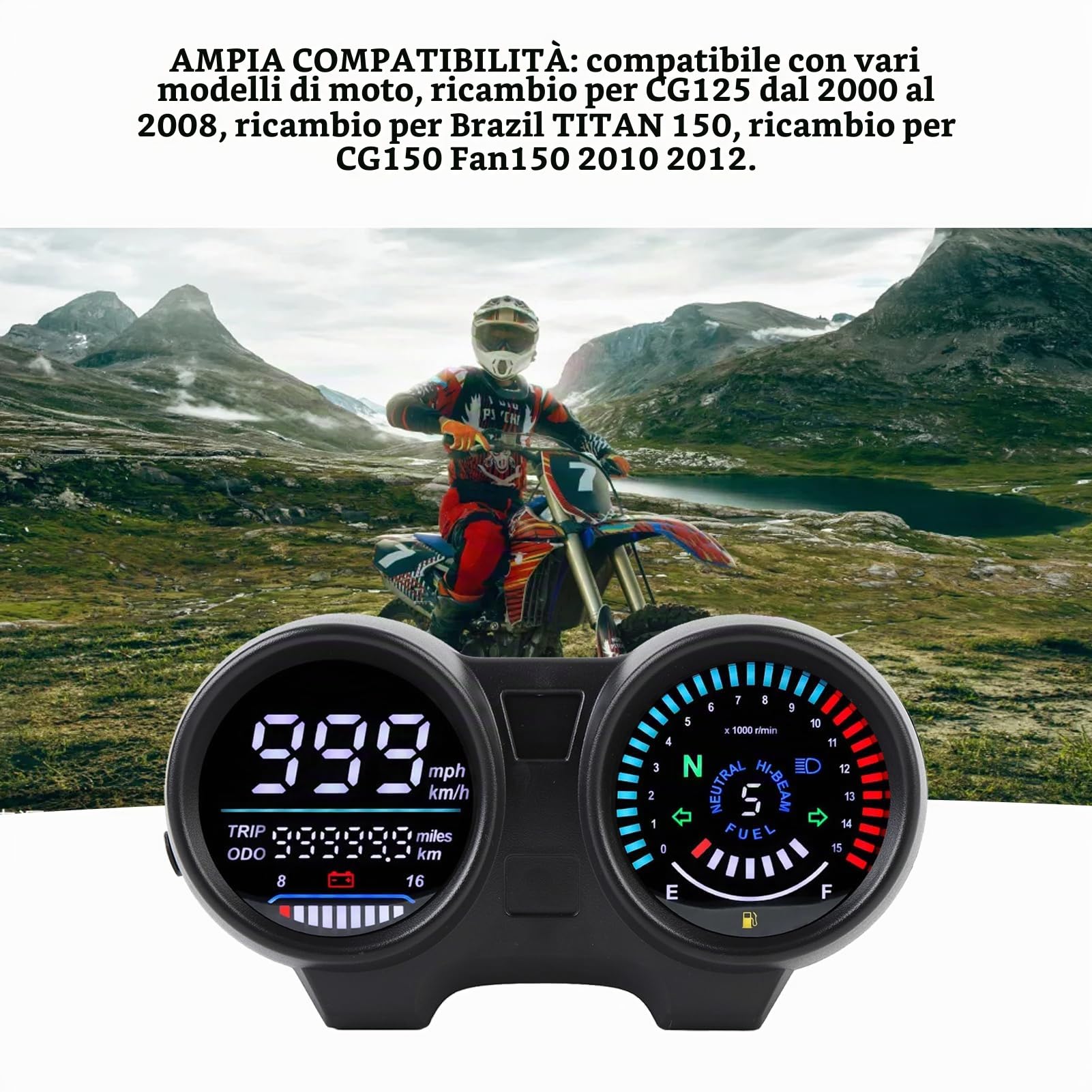 Tachimetro per Moto, 12V 7 Colori Retroilluminato LCD Universale Display Digitale Contachilometri per Moto Tachimetro Indicatore Multifunzionale, per CG 125 2000-2008