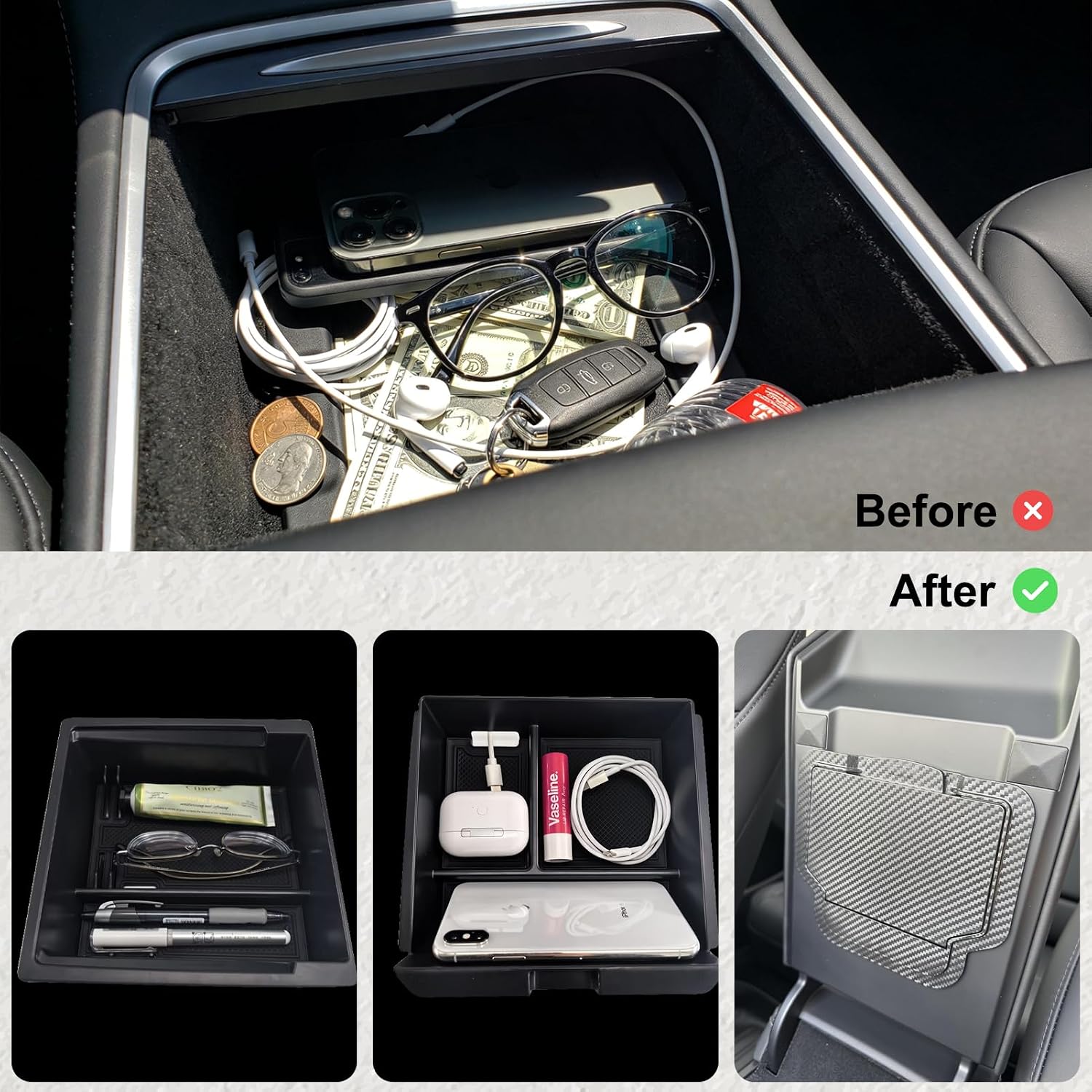 Center Console Organizer Tray for Tesla Model Y Juniper 2025-2026 & Model 3 Highland 2024-2026, Non-Slip Armrest Storage Box Interior Car Accessories image 2