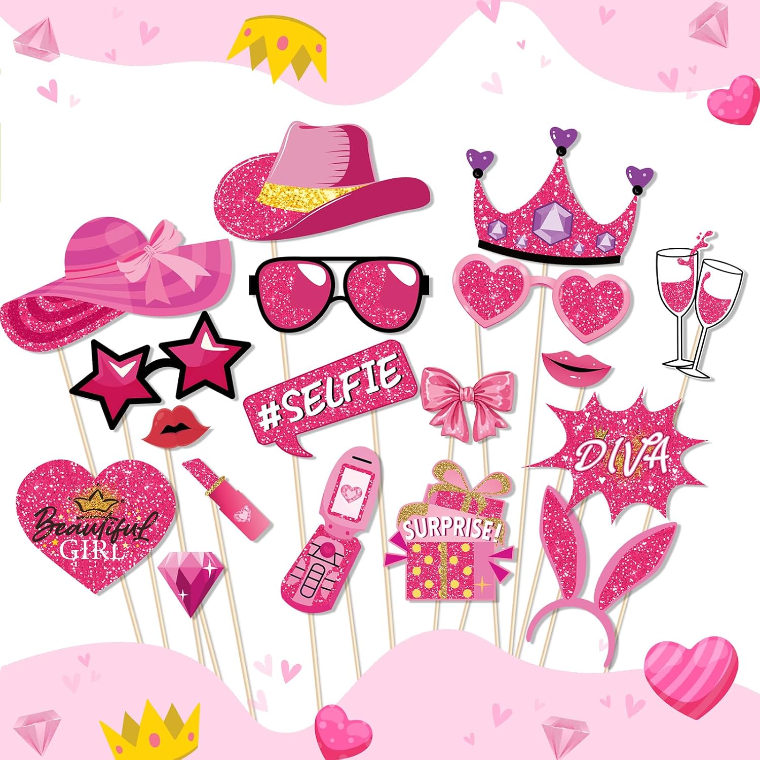 30pcs Birthday Photo Booth Props Kit, Princess Theme Selfie Props Party Decorations,Hot Pink Happy Birthday Party Favors Supplies for Girls Women