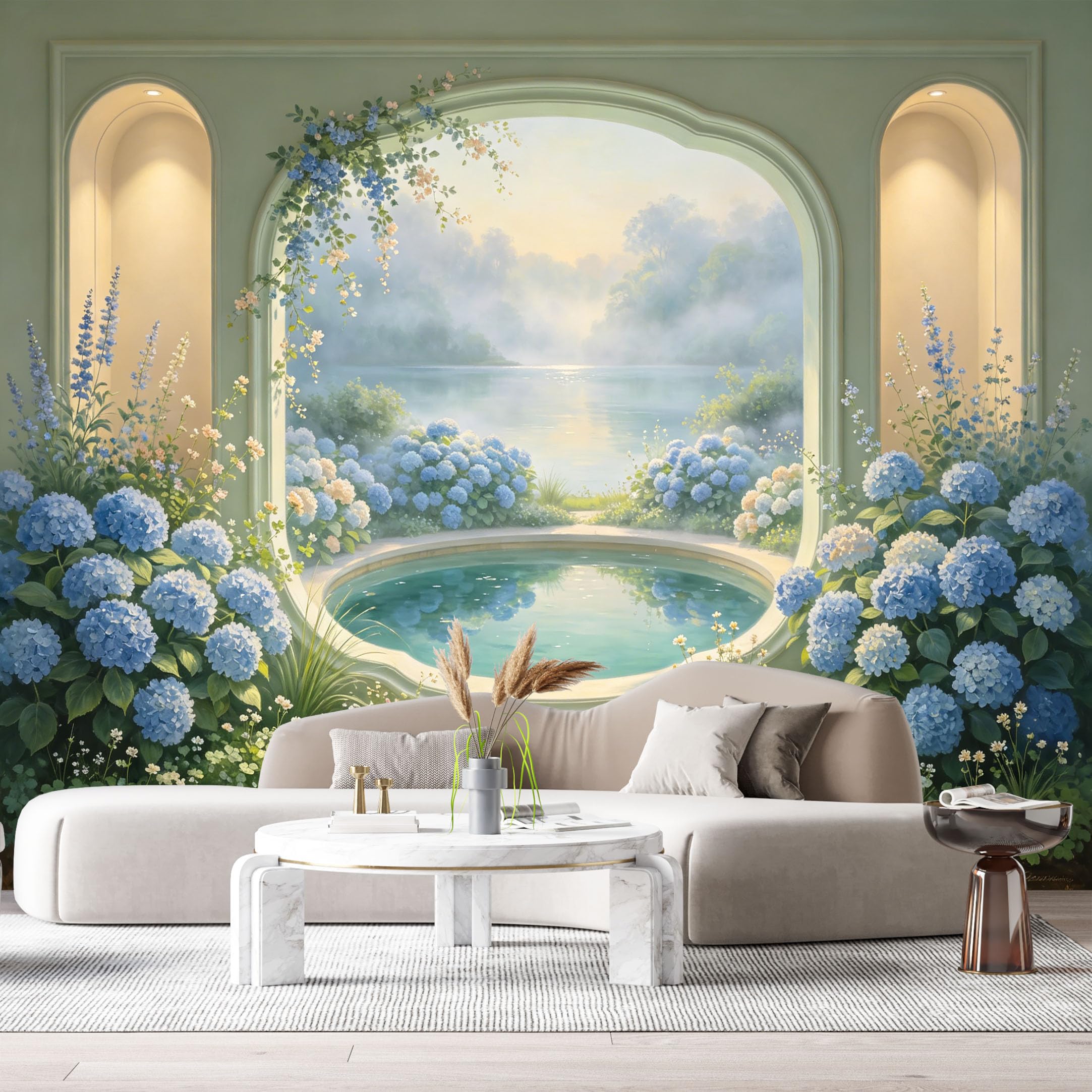 Custom Size Wall Murals Hydrangea Garden Lake Mountain Landscape 3D Trompe L'Oeil SelfAdhesiveWall Fabric Removable Wallpaper Wall Decor for Living Room Bedroom Bathroom