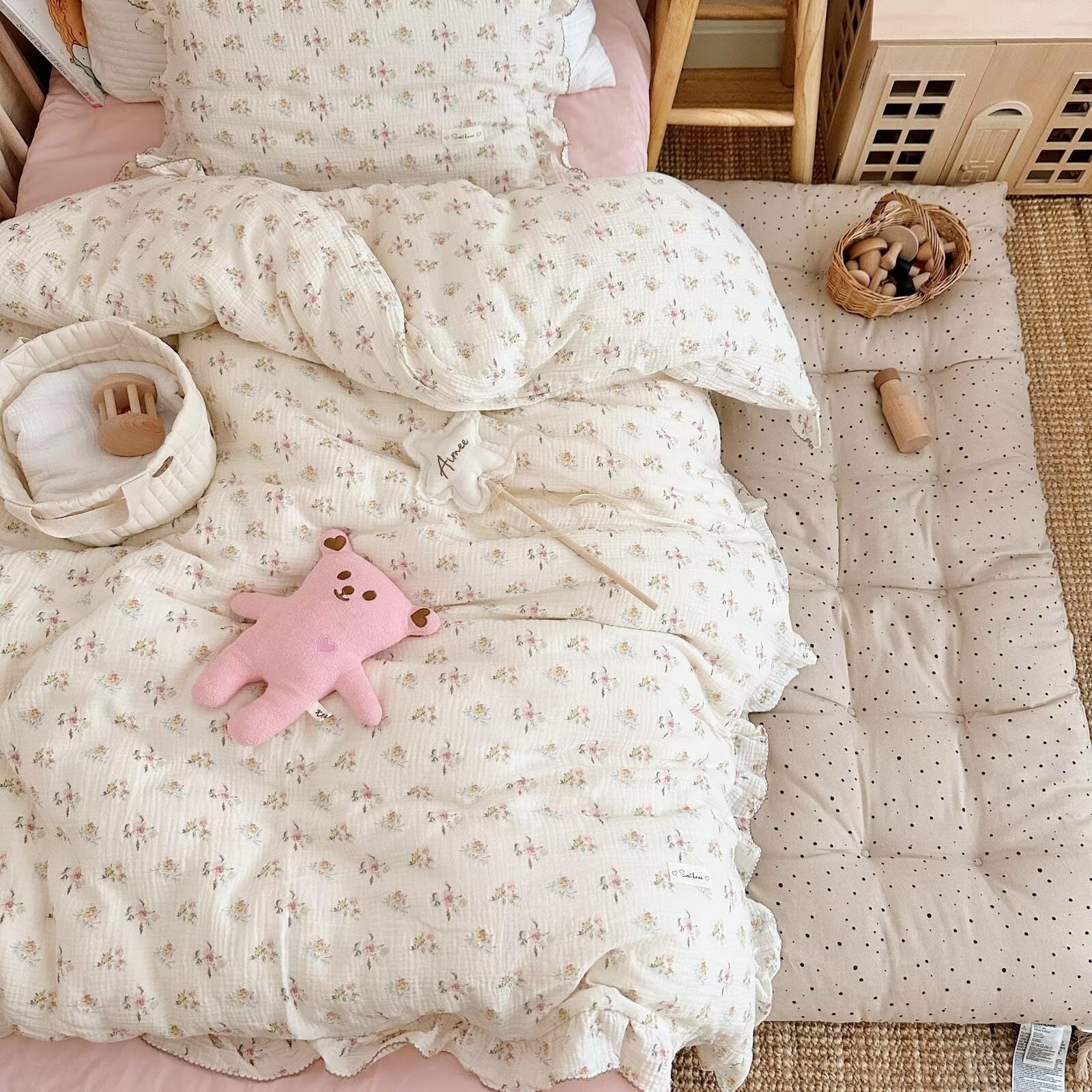 BuLuTu Cute Floral Print Toddler Duvet Cover Soft Muslin Cotton Duvet Covers for Kids Girls Bedding Comforter Protector, 59