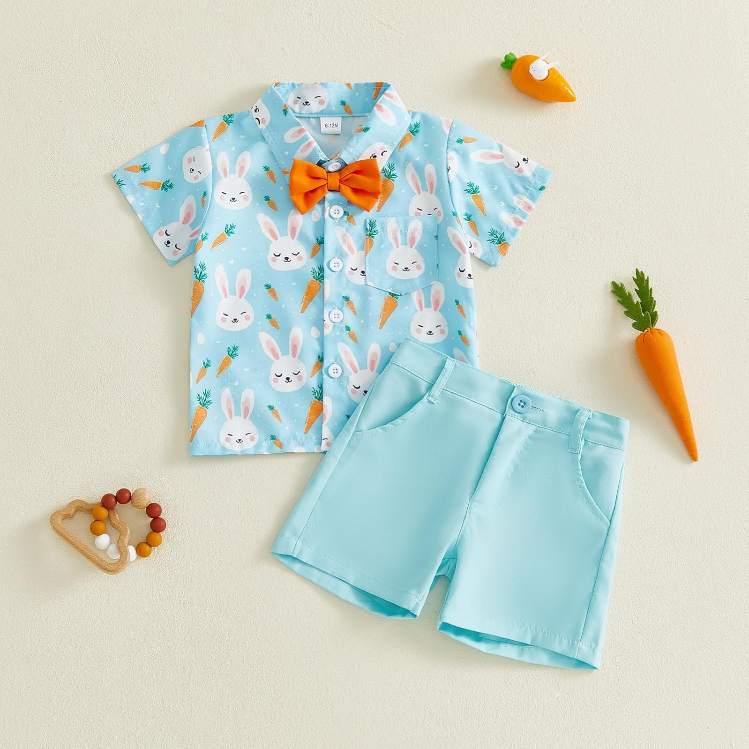 Baby Boy Easter Outfit Bunny Carrot Print Button Down Shirt Elastic Shorts 2 Piece Gentleman Clothes Sets - Image 6