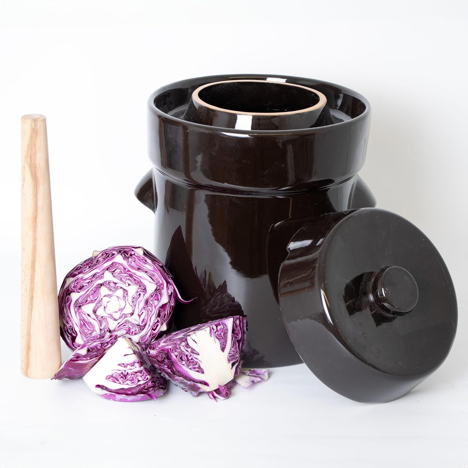 Lehman's European Style Fermentation Crock Set with Wooden Stomper and Fitted Weights, Set to Preserve Sauerkraut Pickles Kimchi and More, 2.6 Gallon