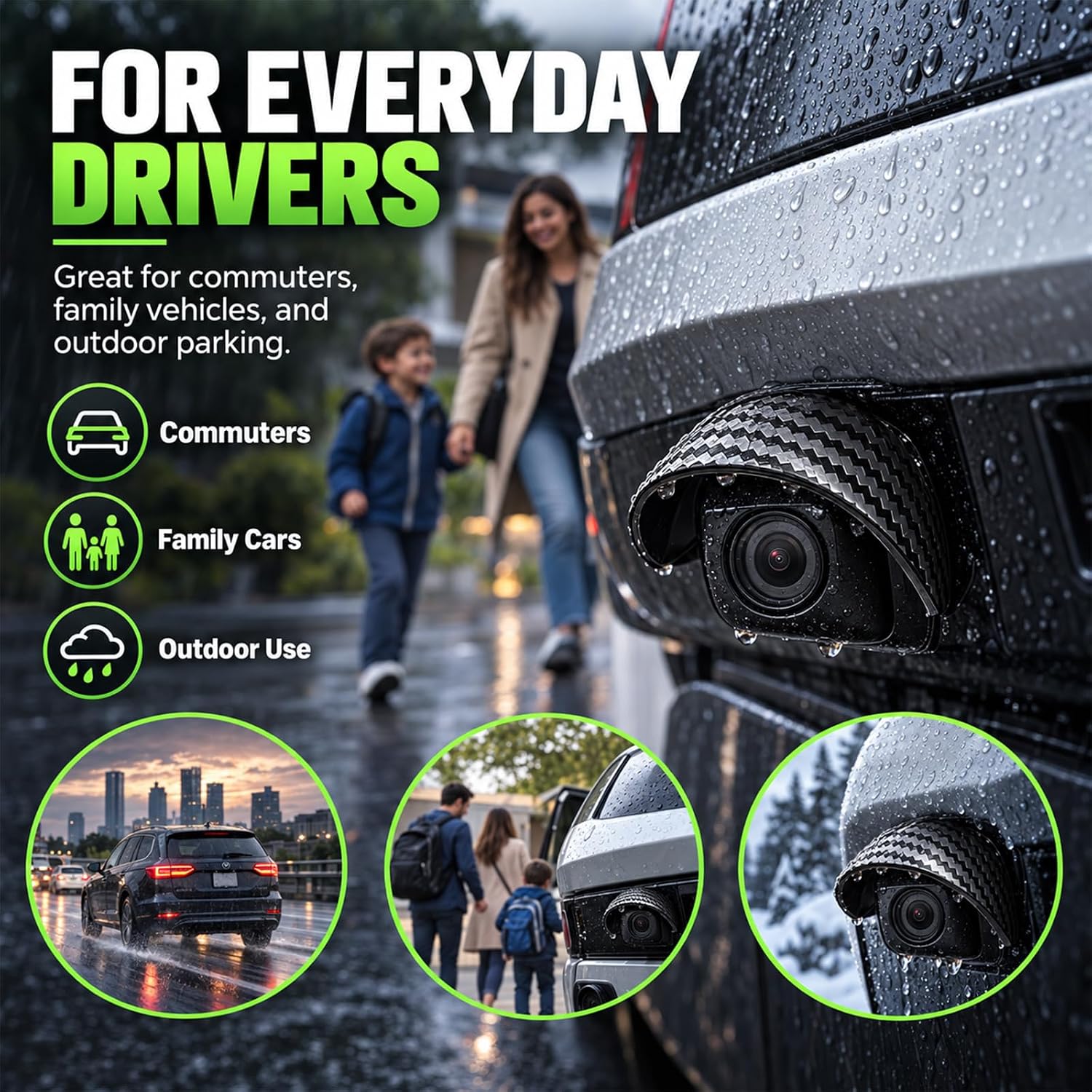4Pcs Backup Camera Rain Hood Cover with Curved Black PVC Canopy, Adhesive-Backed Rear Cover, Suitable for Everyday Driving and Protecting Rearview Cameras, Car Rearview Cover