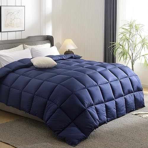 Miniatura 7 de Edredón de plumas de ganso alternativo, edredón acolchado azul marino tamaño King, edredón para todas las estaciones con pestañas en las esquinas,