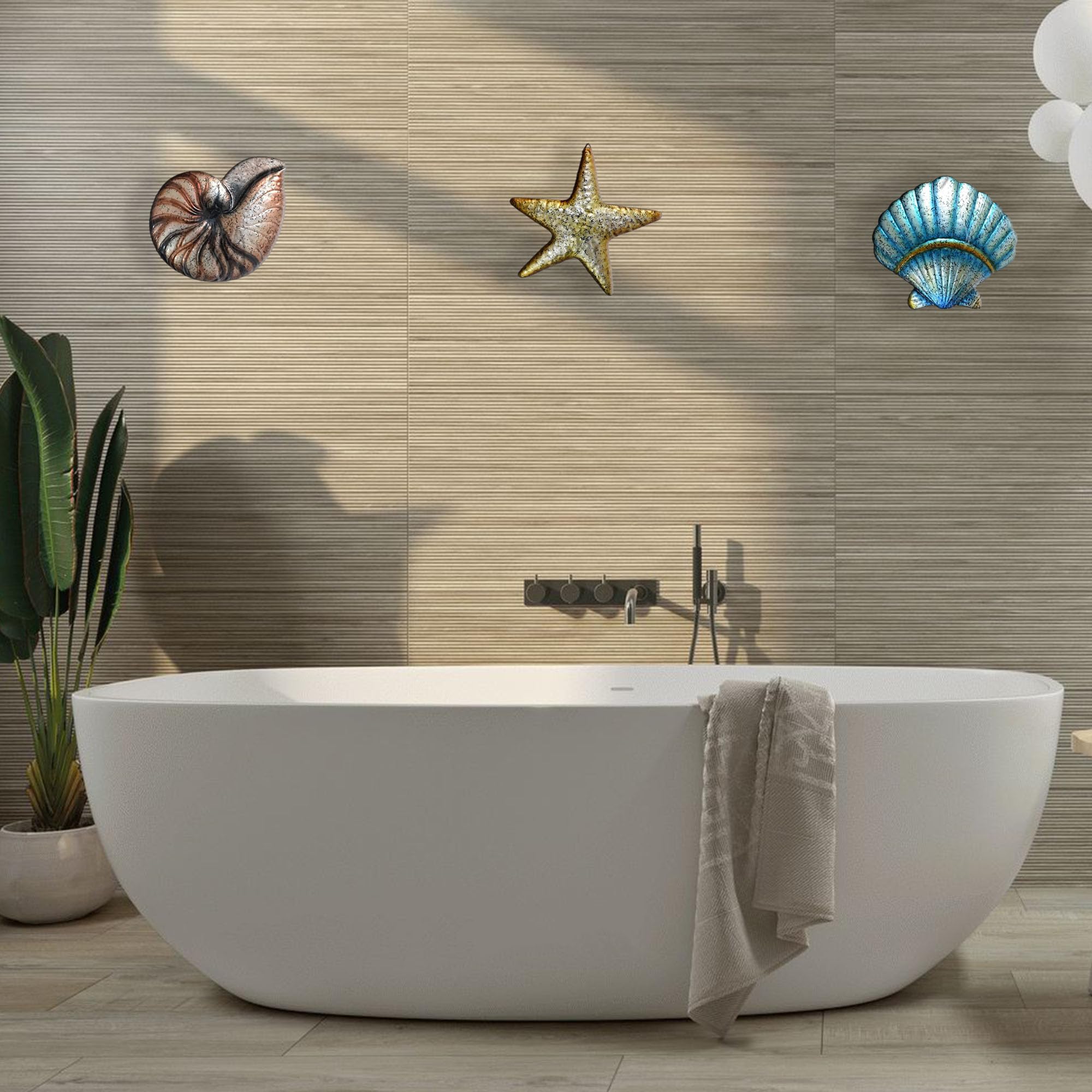 Weibefee 3 Pcs Metal Beach Wall Decor Sea Star Shell Conch Metal Decor Ocean Theme Marine Coastal Bathroom Decorations Rustic Cottage Nautical Wall Art for Office Home Living Room Nursery Room