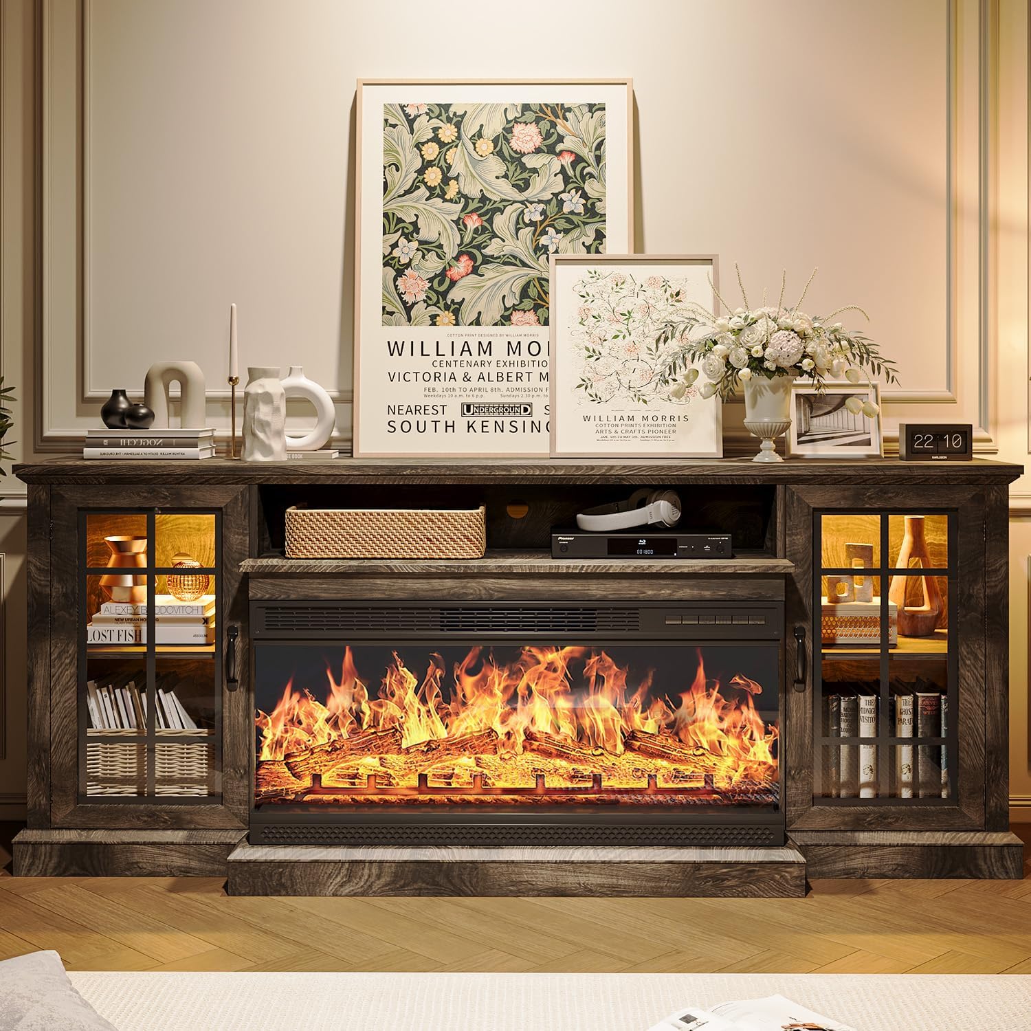 Diagram showing the MXV 70-inch Fireplace TV Stand dimensions and indicating that it ships in two boxes.