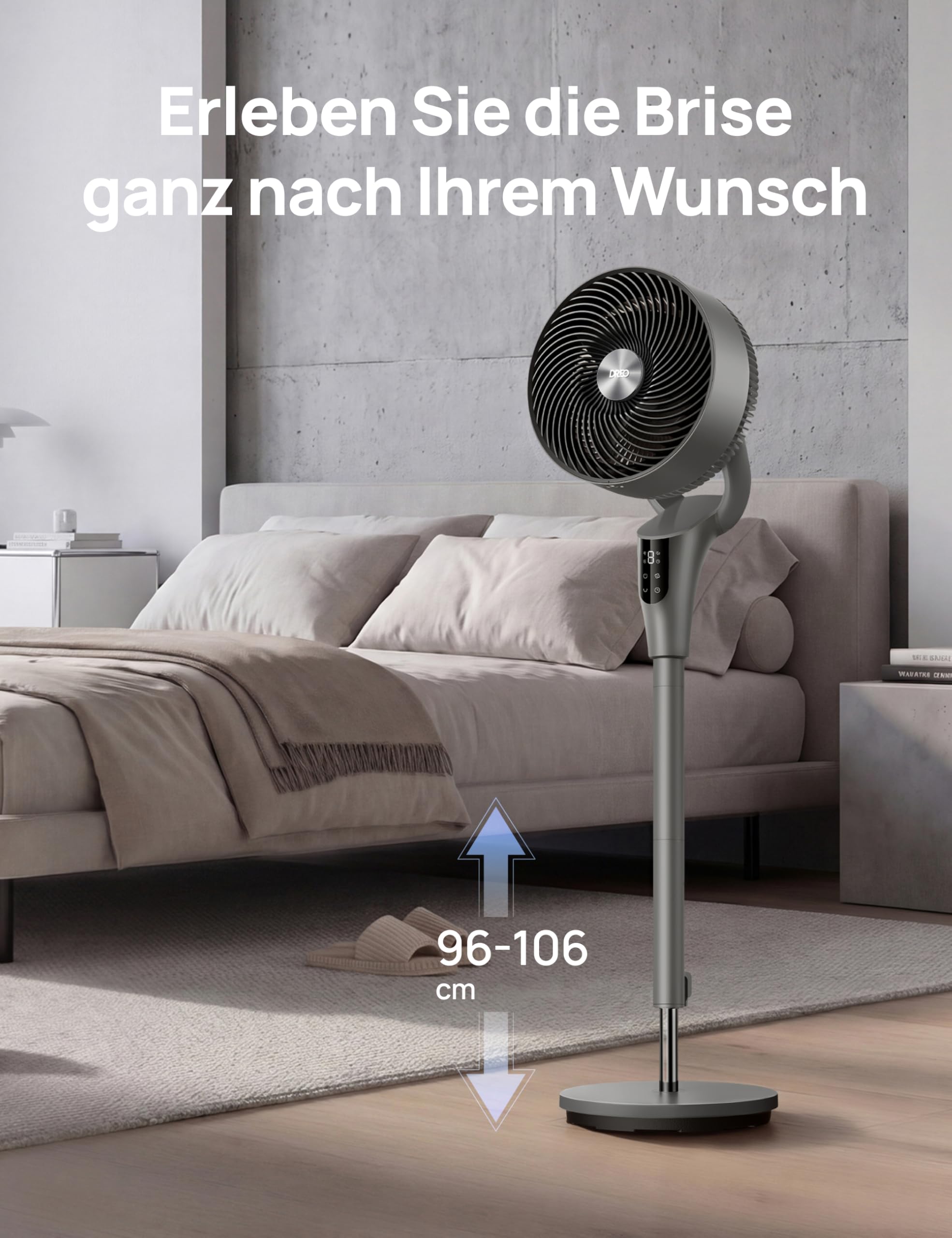 DREO Leiser Standventilator für Schlafzimmer [Verbessert], 27m Luftstrom, Leise, 90° Oszillierend, DC-Motor, 8 Geschwindigkeiten, 3 Modi, 96–106cm Höhenverstellbar, 8H Timer, 105° Manuell Neigbar
