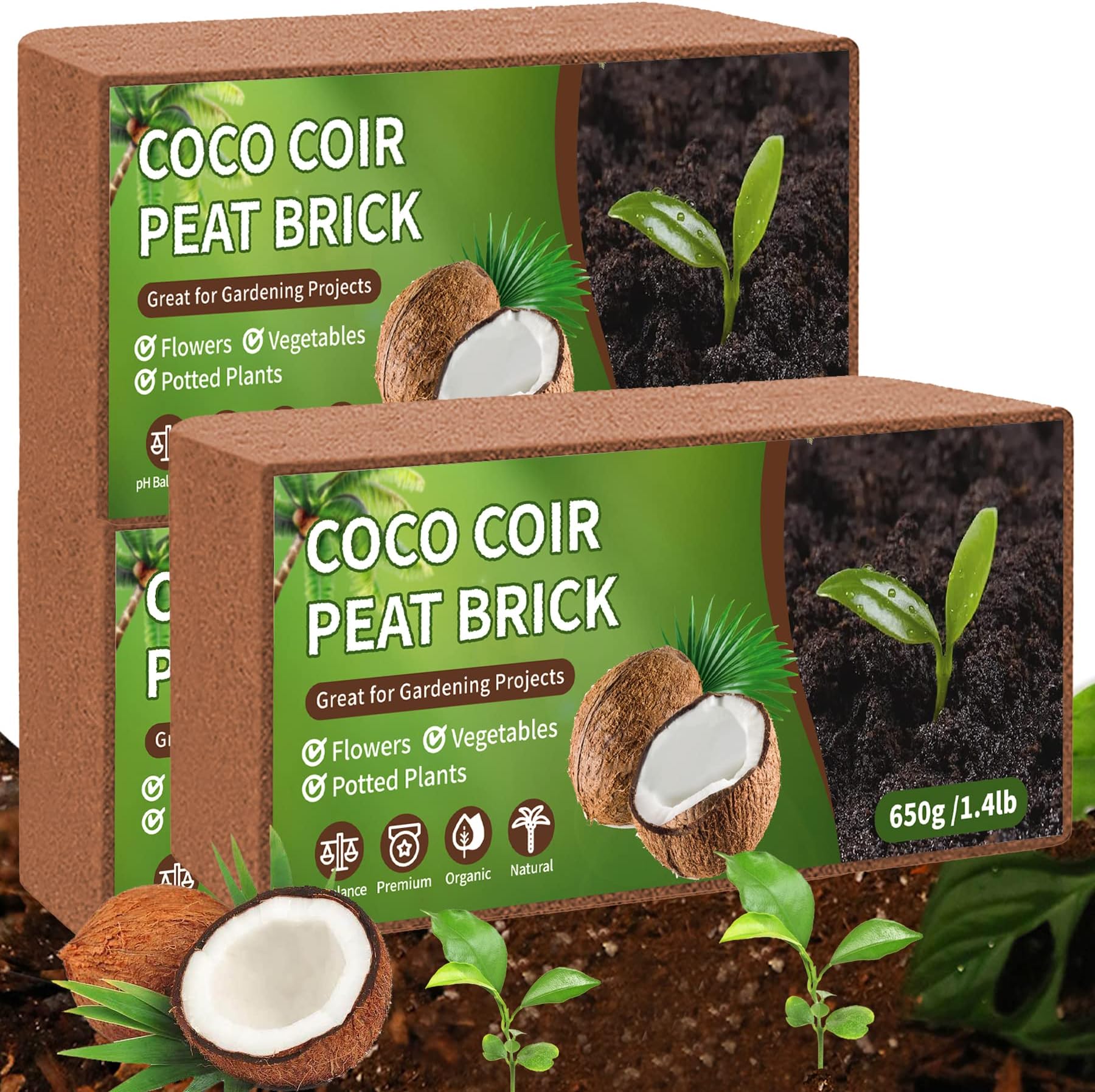 Coco Coir Bricks Potting Soil, 3 Pack Natural Organic Compressed Coconut Fiber Soil Alternative to Peat Moss for Indoor Outdoor Plants Gardening Flowers Vegetables and Herbs