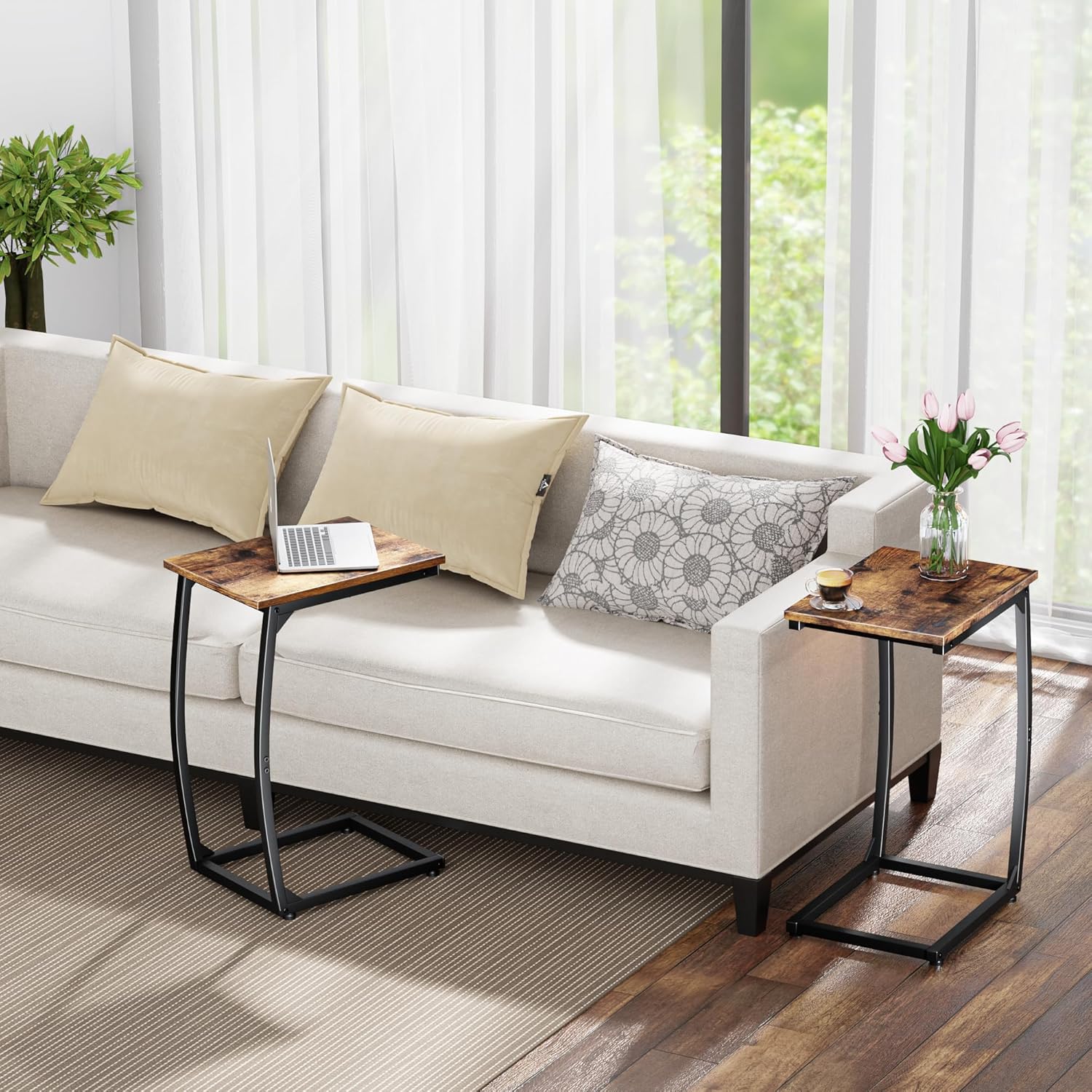 LAKEMID C-Shaped End-Table Set of 2 - Side Table for Couch,Curved Support Legs, Slide Under Couch Table for Sofa, TV Tray Table for Living Room Bedroom (Rustic Brown)