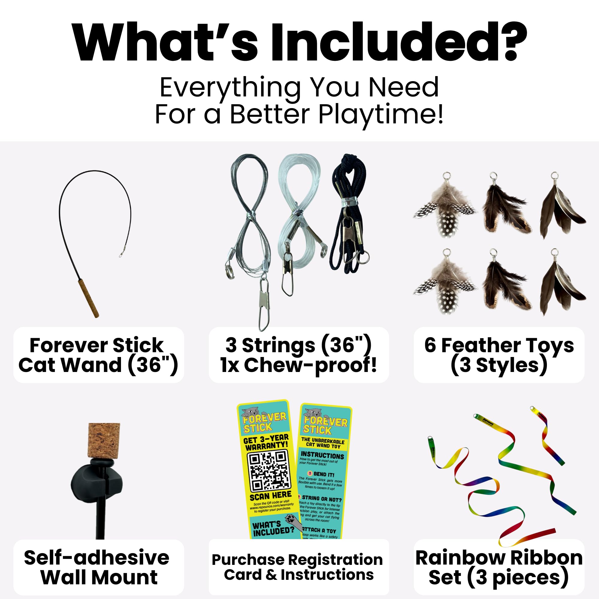 Forever Stick - Paquete de juguetes para gatos – El juguete irrompible para gatos con cuerdas de varita extra para gatos, cintas arcoíris y 6 juguetes de plumas, paquete de juguetes de