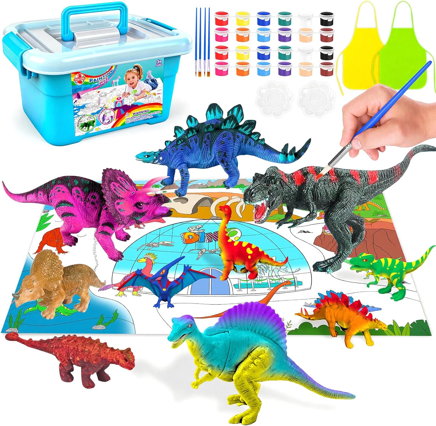 YongnKids Dinosaur Toys Painting Drawing Kits for Kids Ages 3-5, 24 Pcs Kids Arts Crafts Paint with Water Kits,10 Dinosaurs Figurines, Storage Box,Brushes,Educational Christmas Gifts for Boys Girls