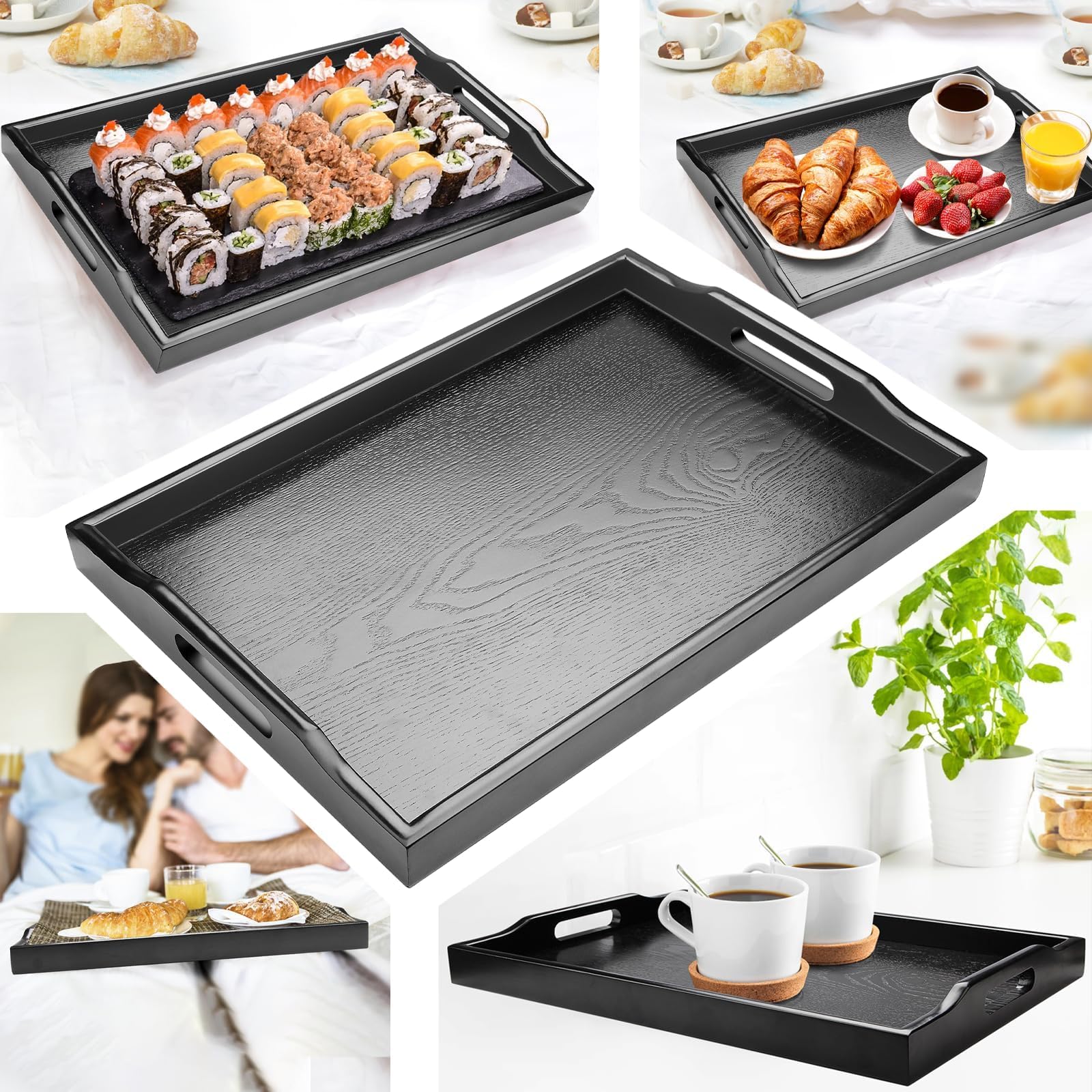 Vassoio Rettangolare Legno Nero con Grande Manico - Vassoio Colazione, Portata, Cucina per Caffè, Tè, Pane (40 x 28 x 4 cm)